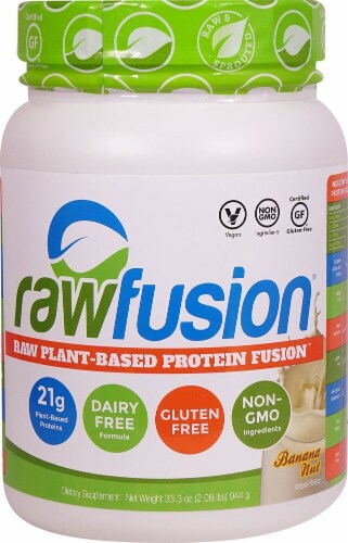 Rawfusion Plant-Based Banana Nut Protein Fusion Supplement Perspective: front