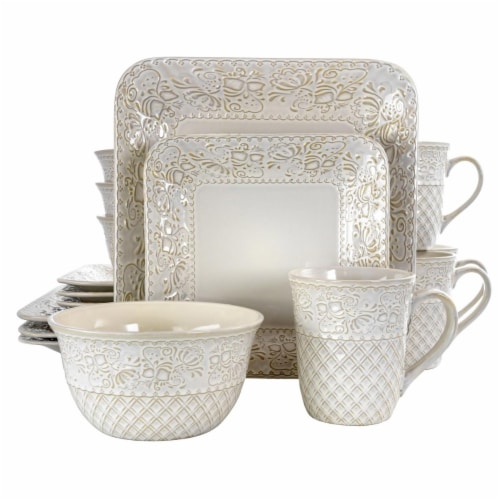 Elama EL-IVORYLOTUS Ivory Lotus Square Dinnerware Set - 16 Piece Perspective: front