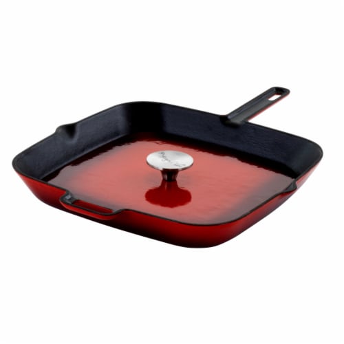 Megachef MG-GS28AR 14 in. Square Enamel Cast Iron Grill Pan with Matching Grill Press in Red Perspective: front