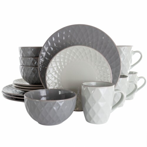 Elama Tahitian Diamond 16 Piece Stoneware Dinnerware Set in Slate and Pearl Perspective: front