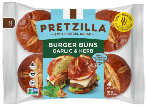 Pretzilla® Soft Preztel Bread Burger Bun Garilic & Herb Perspective: front