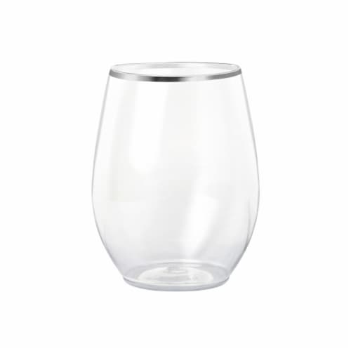 16 oz. Clear with Silver Elegant Stemless Plastic Wine Glasses (64 Glasses) Perspective: front