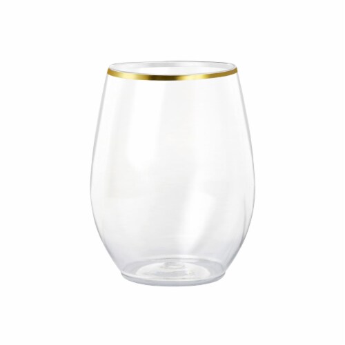 16 oz. Clear with Gold Elegant Stemless Plastic Wine Glasses (64 Glasses) Perspective: front