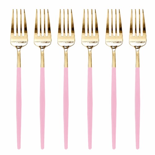 240 Forks - Gold with Pink Handle Moderno Disposable Plastic Dinner Forks Perspective: front