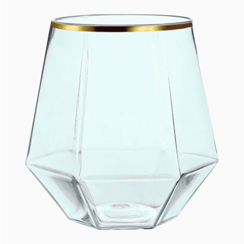 Clear with Gold Rim Hexagonal Stemless Plastic Wine Goblets - 12 Ounce ...