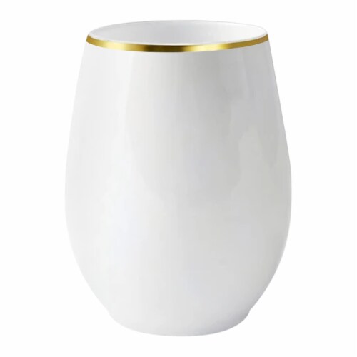 12 oz. White with Gold Elegant Stemless Plastic Wine Glasses (64 Glasses) Perspective: front