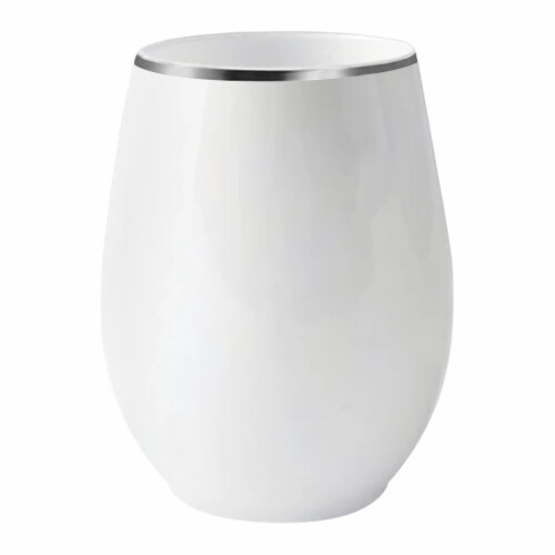12 oz. White with Silver Elegant Stemless Plastic Wine Glasses (64 Glasses) Perspective: front