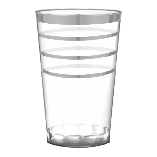 12 oz. Clear with Silver Stripes Round Disposable Plastic Tumblers (240 Cups) Perspective: front