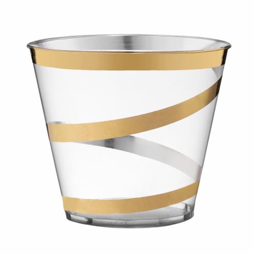 9 oz. Clear with Gold Swirl Round Disposable Plastic Party Cups (240 Cups) Perspective: front