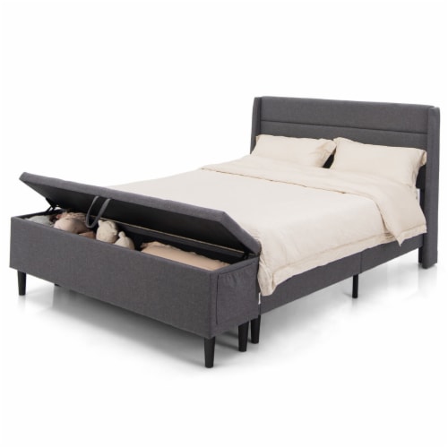 Full Upholstered Platform Bed Frame w Storage Ottoman Slats Support Grey 1 unit Foods Co