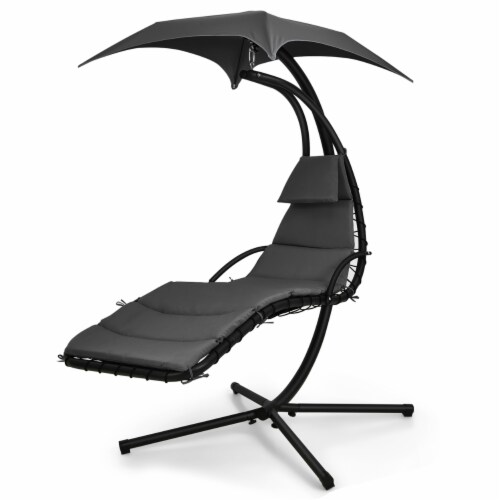 Gymax Hanging Chaise Lounge Curved Steel Patio Hammock Swing Chair w/ Overhead Light Grey Perspective: front
