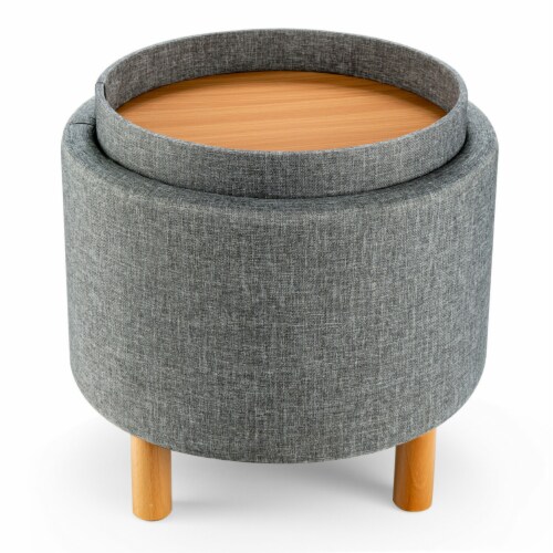 Round Storage Ottoman w Tray Top Accent Padded Footrest w Wood