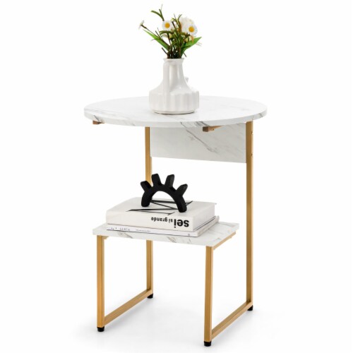 2-Tier Side Table Nightstand End Table Coffee Table w/ G-Shaped Steel Frame Perspective: front