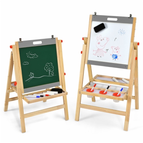 Double-sided Dry Erase Blackboard Easel with Trays - Wooden Frame