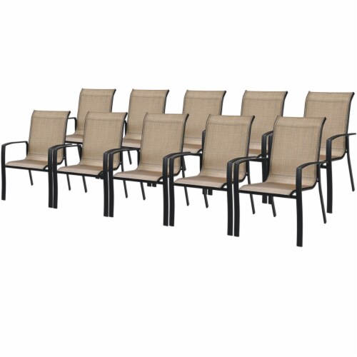 Gymax Outdoor Stackable Dining Chair Patio Armchair w/ Breathable Fabric Brown 10 pcs Perspective: front