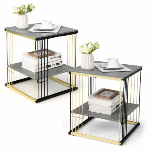2PCS 2-tier Side End Coffee Table Square Nightstand for Living Room Bedroom Perspective: front