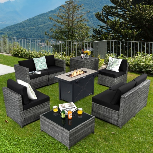 Wicker patio set online with fire pit table