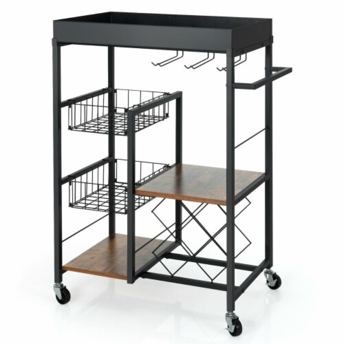 4-Tier Kitchen Bar Cart Rolling Serving Trolley Wine Rack Removable Tray Basket Perspective: front