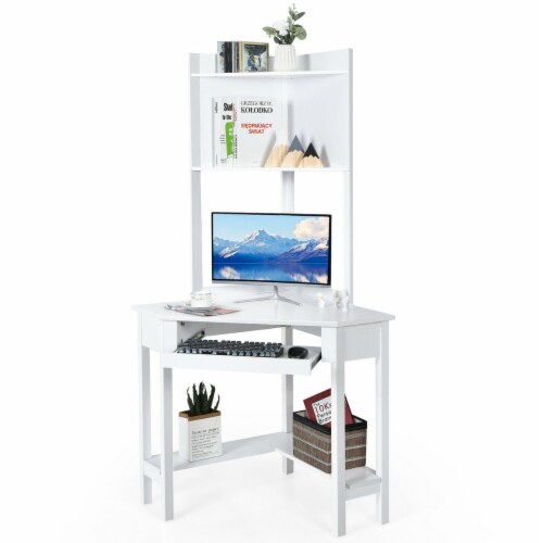 Corner Computer Desk Triangle Study Desk w/ Hutch & Keyboard Tray White Perspective: front
