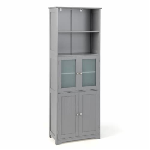 Bathroom Tall Storage Cabinet Linen Tower w/ Glass Door & Adjustable Shelf Gray Perspective: front