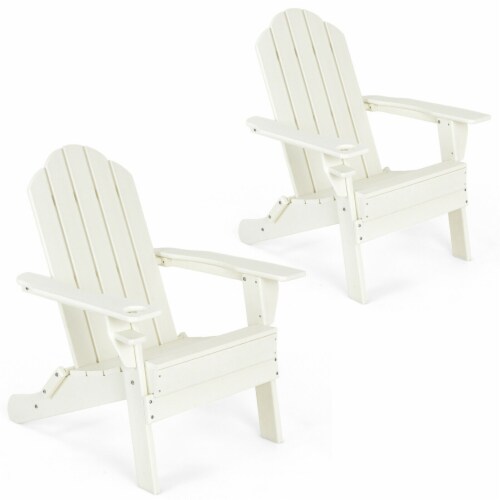 Gymax 2PCS Patio Folding Adirondack Chair Weather Resistant Cup Holder Yard White Perspective: front