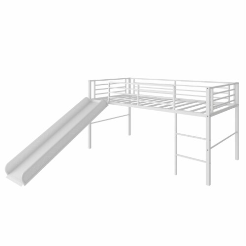 Gymax Twin Metal Loft Bed with Slide Guardrails Builtin Ladder Low Bed