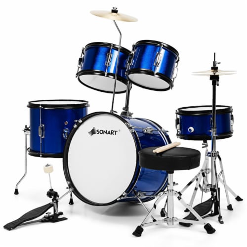 Gymax 16 Inch 5-Piece Complete Kids Junior Drum Set Children Beginner Kit Blue Perspective: front