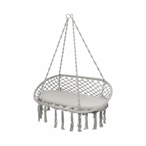 2 Person Hanging Hammock Chair w/ Cushion Macrame Swing 330 lbs Capacity Grey Perspective: front