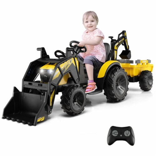 3 in 1 Kids Ride On Excavator Bulldozer 12V Electric Tractor Remote w Trailer Yellow 1 unit Pick n Save