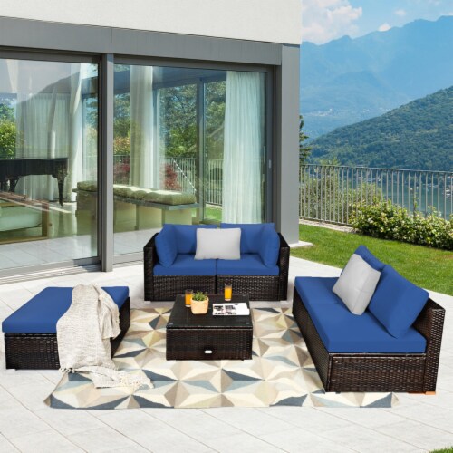 6PCS Rattan Patio Sectional Sofa Set Outdoor Furniture Set w Navy