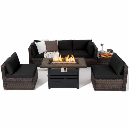 7PCS Patio Rattan Furniture Set 42 Fire Pit Table w Cover