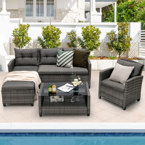 Costway 4PCS Patio Rattan Furniture Set Conversation Glass Table