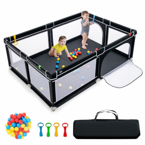 Gymax Baby Playpen Extra-Large Safety Baby Fence w/ Ocean Balls & Rings Black Perspective: front