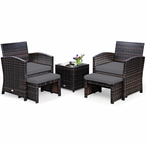 5PCS Rattan Patio Furniture Set Chair Ottoman Set w Grey