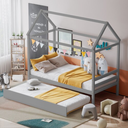 Gymax Twin House Bed Frame w/ Trundle Roof Wooden Platform Mattress