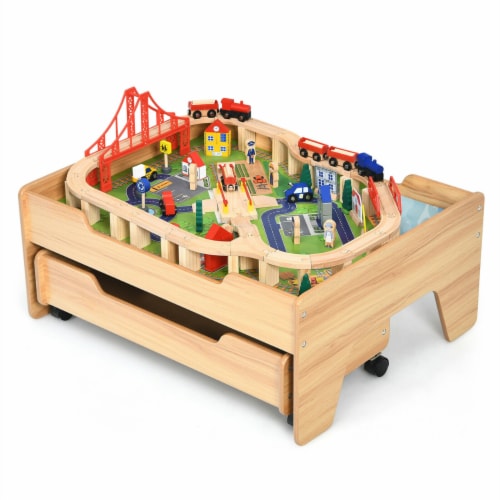 Wooden Kids Train Track Railway Set Table w 100 Pieces Storage Drawer 1 unit Kroger