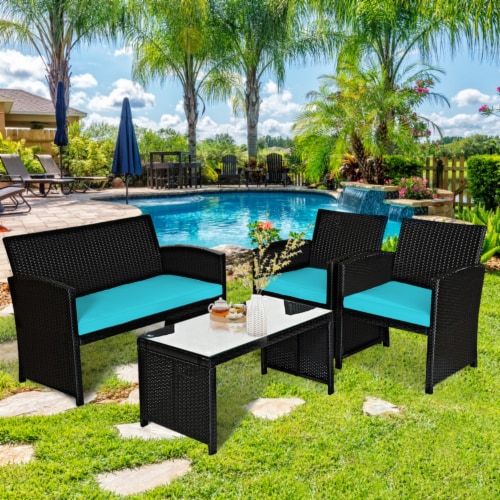 Costway 4PCS Patio Rattan Wicker Furniture Conversation Set Cushioned Sofa  Table