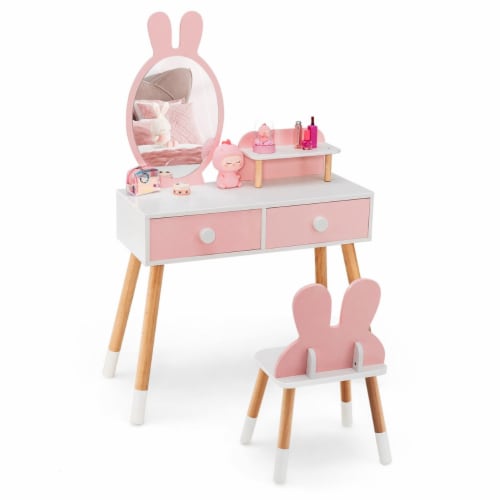 Kid Vanity Set Makeup Table Stool with Drawer Shelf Wood Leg