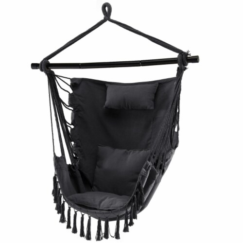 Hammock Chair w/ Soft Pillow Cushions Pocket Hanging Rope Swing Steel Bar Gray Perspective: front