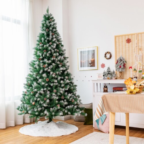 6/7.5/9 FT Artificial Snow Flocked Christmas Tree Hinged Xmas Tree w/ Pine Cones 7.5 ft Perspective: front