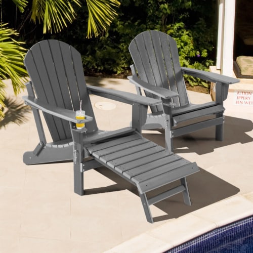 Gymax 2PCS Folding Adirondack Chair HDPE Patio Lounge Chair w/ Retractable Ottoman Grey Perspective: front