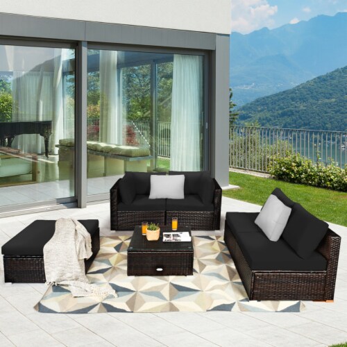 Gymax 6PCS Rattan Patio Sectional Sofa Set Outdoor Furniture Set w/ Black Cushions Perspective: front