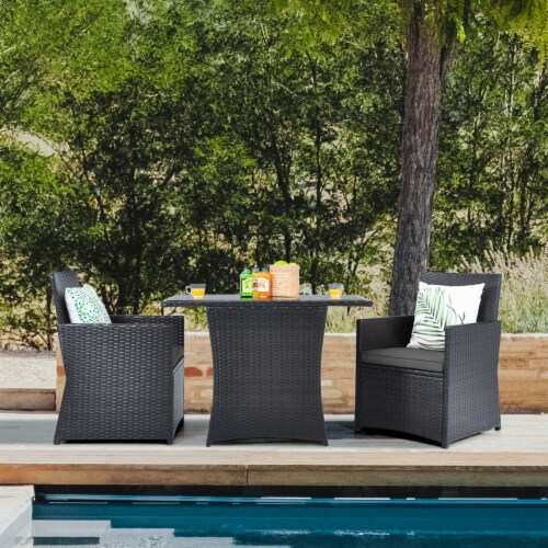 3PCS Patio Wicker Bistro Set PE Rattan Dining Table Set w/ Grey Cushions Perspective: front