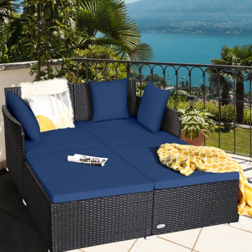 Outdoor Patio Rattan Daybed Thick Pillows Cushioned Sofa Furniture