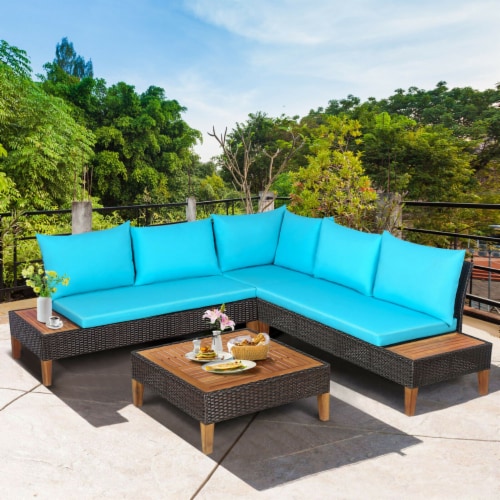 4PCS Acacia Wood Patio Furniture Set Rattan Conversation Set w/ Turquoise Cushions Perspective: front