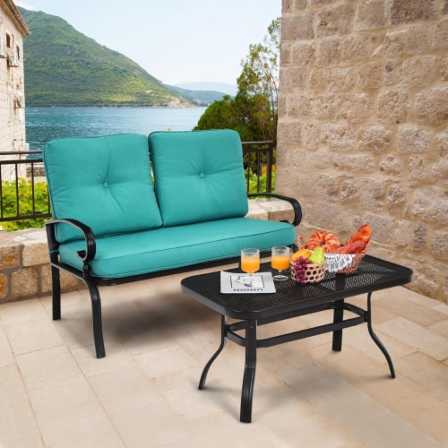 2PCS Patio Loveseat Table Set Conversation Sofa Set w Turquoise Cushions 1 unit King Soopers
