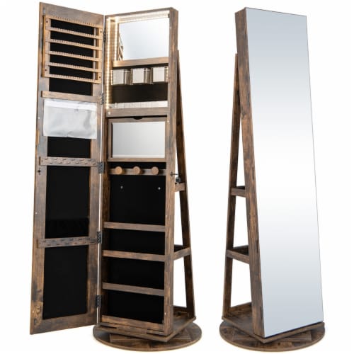 Rotating Mirrored Jewelry Cabinet with Mirror Storage Shelves