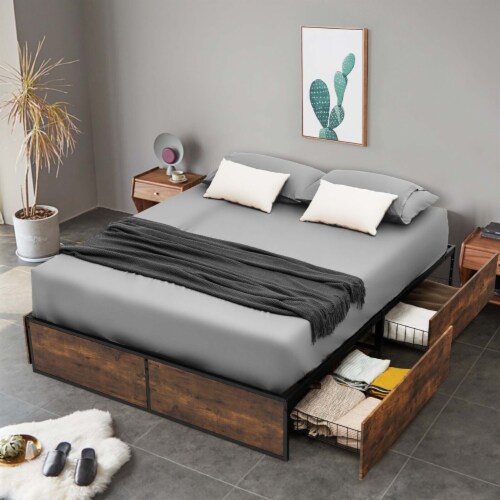 Full Industrial Metal Platform Bed Frame with 4 Drawers Wooden