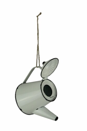 White Enamel Metal Rustic Tea Kettle Decorative Outdoor Hanging Birdhouse Small Perspective: front