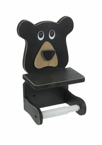 Whimsical Hand Painted Black Bear Wooden Toilet Paper Roll Holder With Phone Shelf Perspective: front